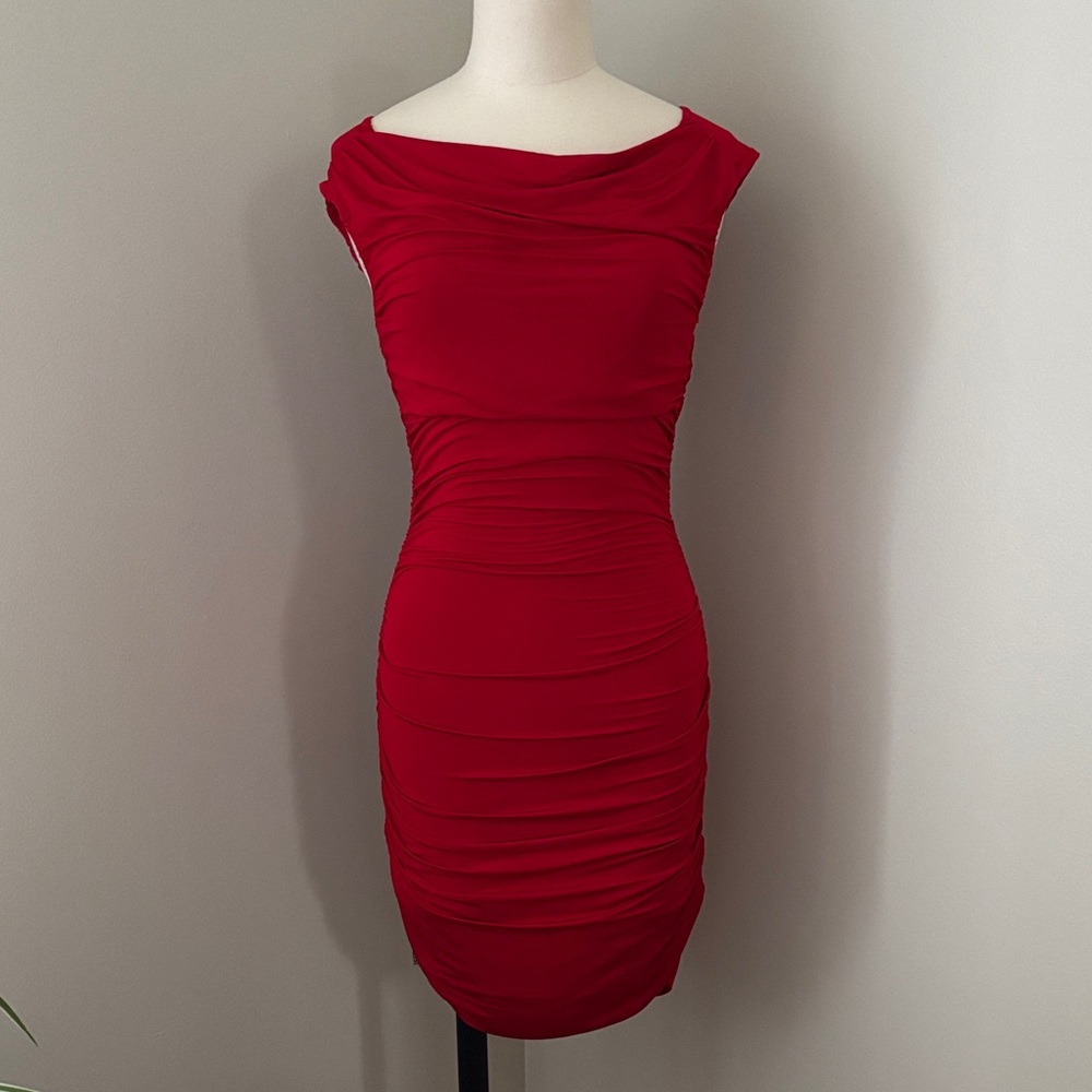 H&M Bodycon Red Gathered Mini Dress Sz 10